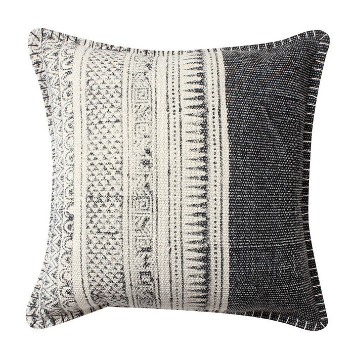 18 x 18 Hand Woven Cotton Dhurri Pillow with Block Print, White and Gray