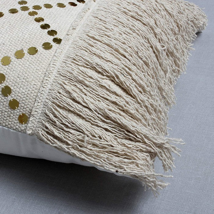 18 x 18 Hand Woven Cotton Fringe Pillow with Sequin Details, Beige