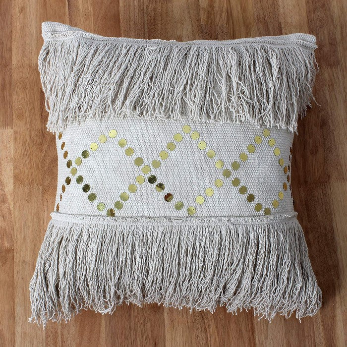 18 x 18 Hand Woven Cotton Fringe Pillow with Sequin Details, Beige
