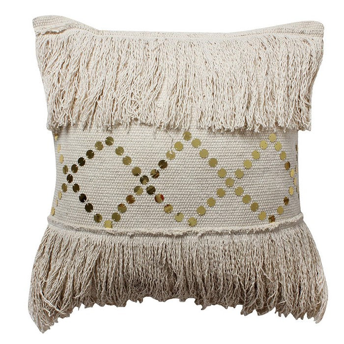 18 x 18 Hand Woven Cotton Fringe Pillow with Sequin Details, Beige