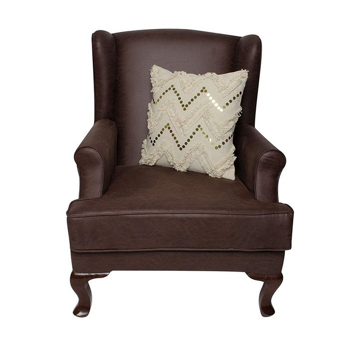 18 x 18 Cotton Pillow with Fringe and Sequin Chevron Details, Beige
