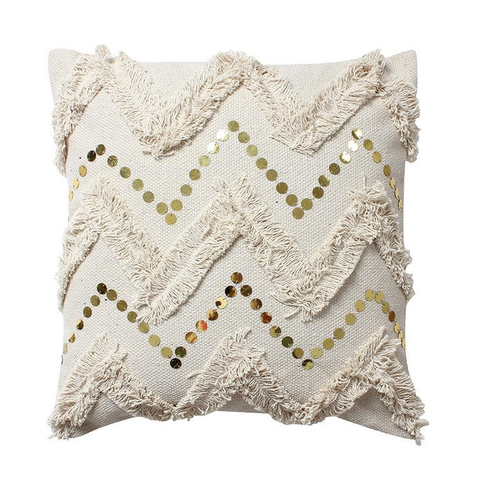 18 x 18 Cotton Pillow with Fringe and Sequin Chevron Details, Beige