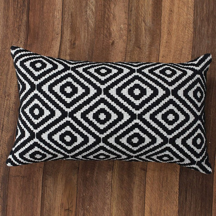 12 x 20 Cotton Hand Woven Dhurri Pillow with Diamond Pattern, Black and White