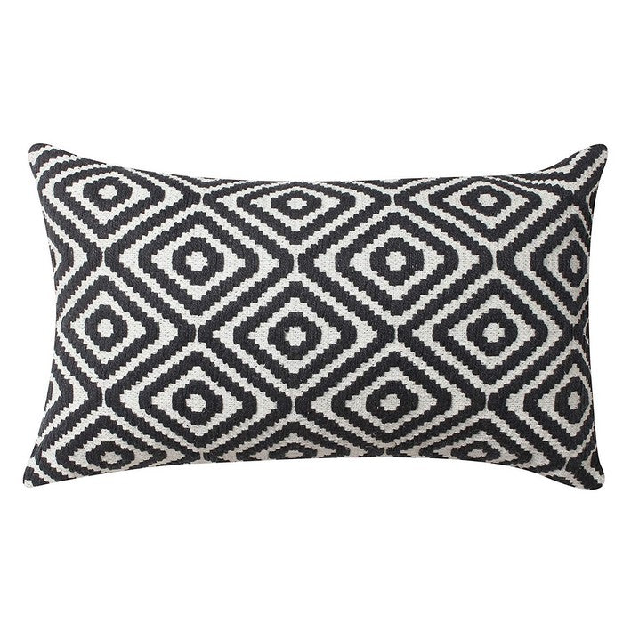 12 x 20 Cotton Hand Woven Dhurri Pillow with Diamond Pattern, Black and White