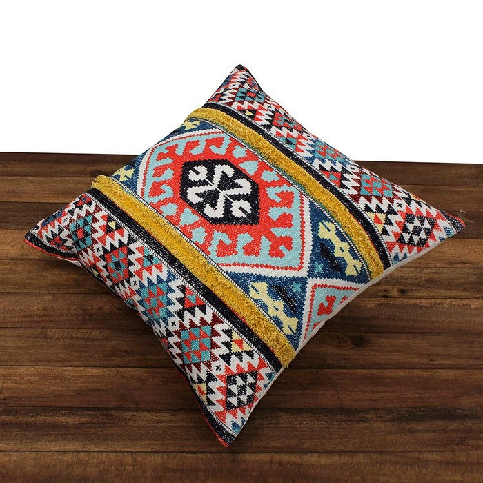 24 x 24 Cotton Hand Woven Floor Pillow with Kilim Printed Details, Multicolor