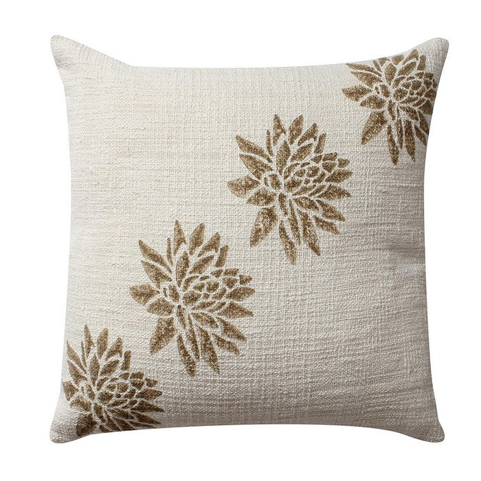 18 x 18 Hand Block Printed Cotton Pillow with Floral Details, Set of 2,Gold and Beige