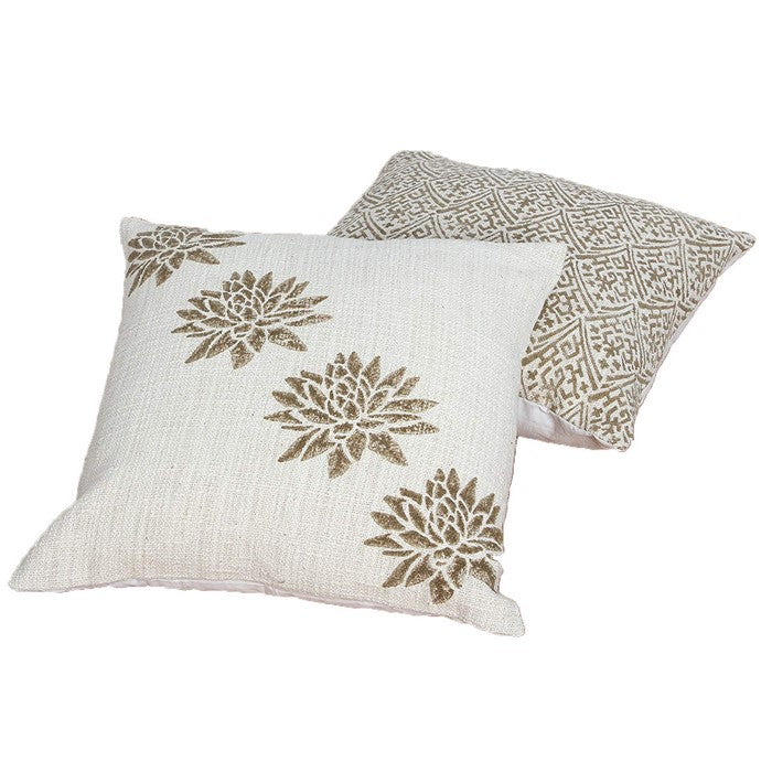 18 x 18 Hand Block Printed Cotton Pillow with Floral Details, Set of 2,Gold and Beige