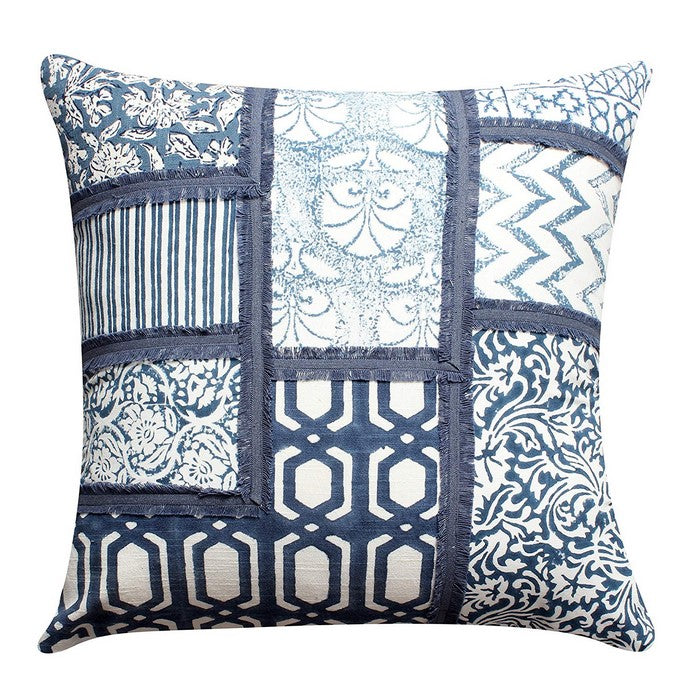 18 x 18 Hand Block Cotton Pillow with Patchwork Details,Set of 2, Blue and White