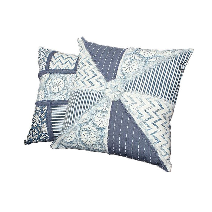 18 x 18 Hand Block Cotton Pillow with Patchwork Details,Set of 2, Blue and White