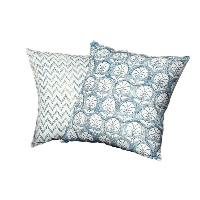 18 x 18 Cotton Pillow with Leaf Motif and Chevron Design, Set of 2, Blue and White