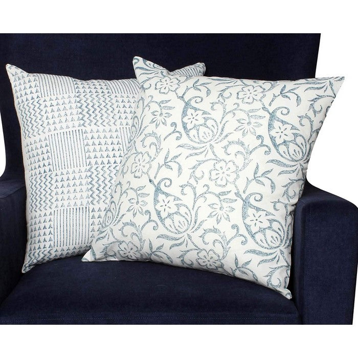 18 x 18 Nature Inspired Cotton Pillow with Geometric Details, Set of 2,Blue and White