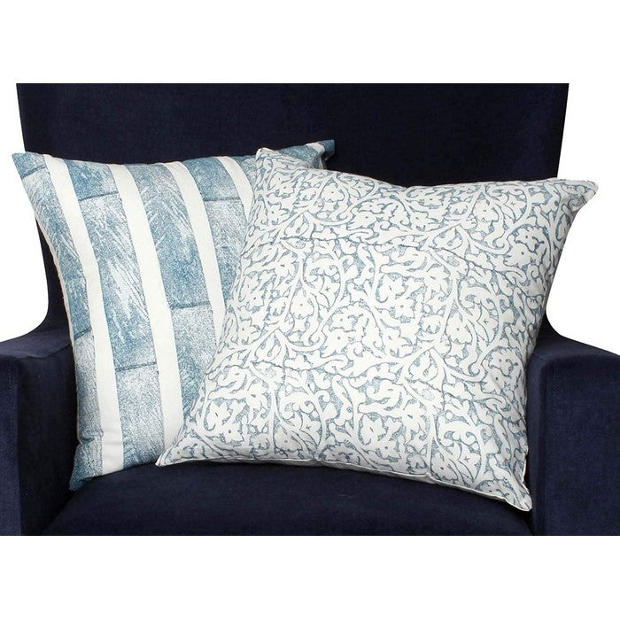 18 x 18 Block Striped Cotton Pillow with Floral Motif, Set of 2, White and Blue