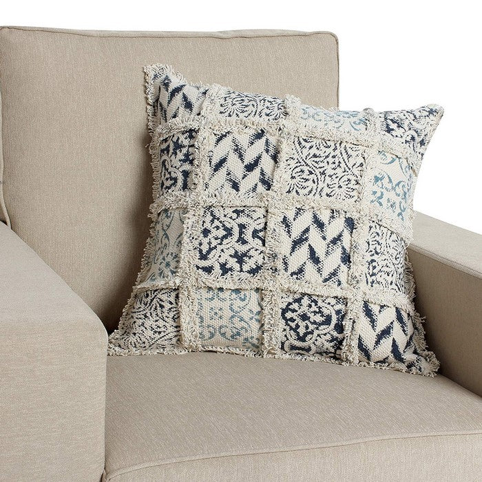 18 x 18 Hand Block Printed Cotton Pillow with Fringe Details, Beige and Blue