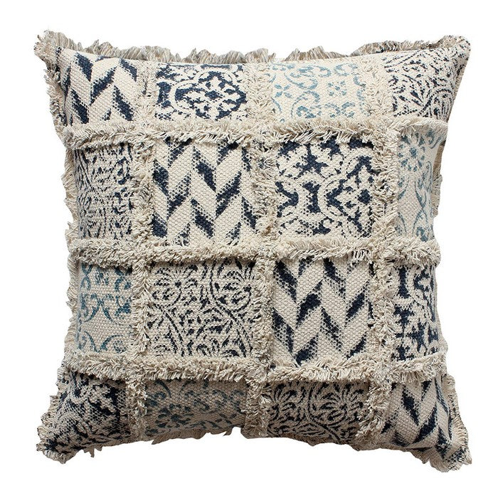 18 x 18 Hand Block Printed Cotton Pillow with Fringe Details, Beige and Blue