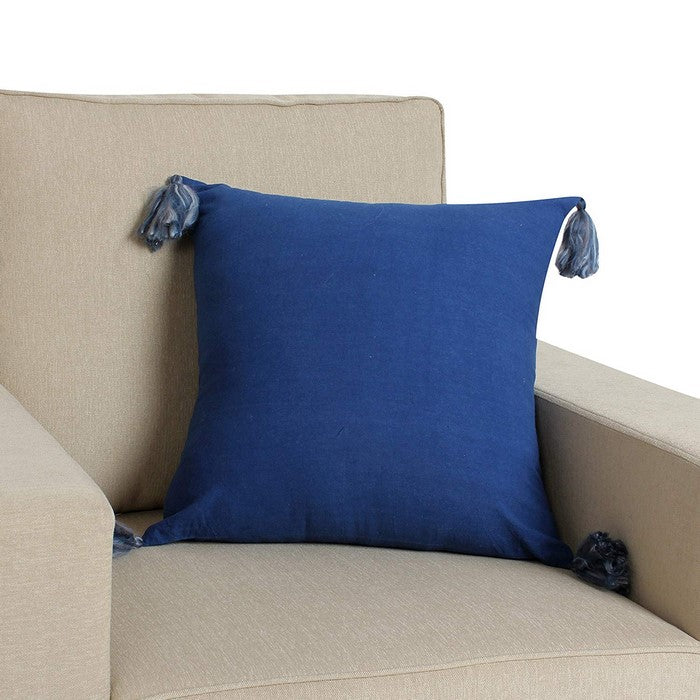 18 x 18 Hand Block Printed Cotton Pillow with Ikat Pattern, White and Blue