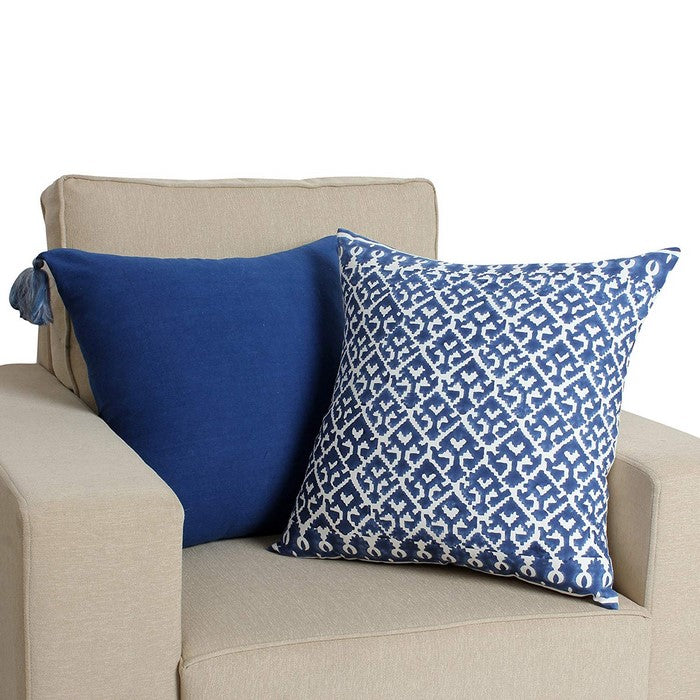 18 x 18 Hand Block Printed Cotton Pillow with Ikat Pattern, White and Blue