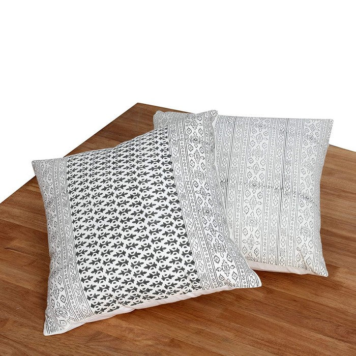 18 x 18 Hand Block Printed Cotton Pillow with Kilim Pattern, Set of 2, Black and White