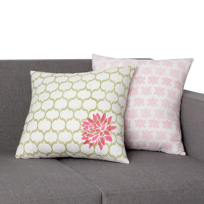 18 x 18 Quatrefoil Cotton Pillow with Floral Details, Set of 2, Multicolor