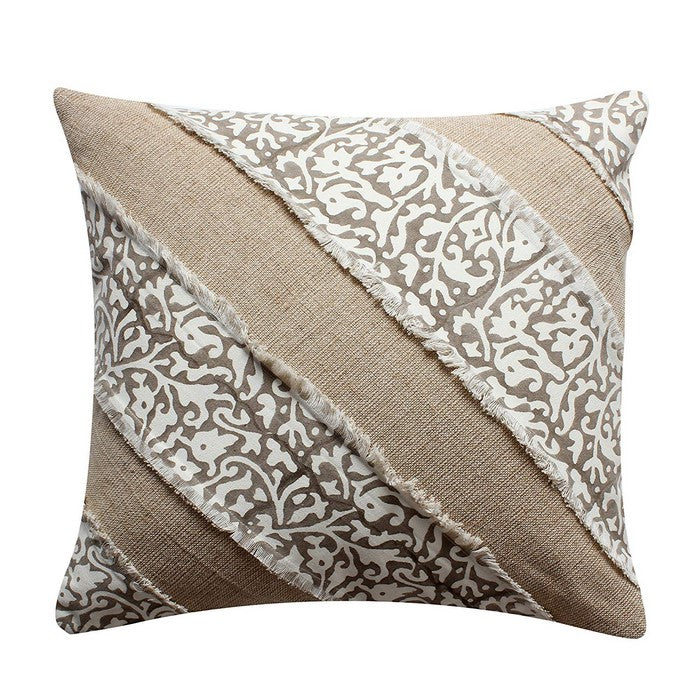 18 x 18 Hand Block Printed Cotton Pillow with Patchwork Details, Brown and Beige