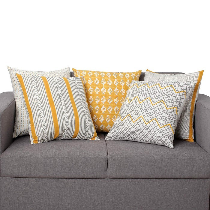 18 x 18 Hand Block Printed Cotton Pillow with Geometric Details, Set of 5, Multicolor