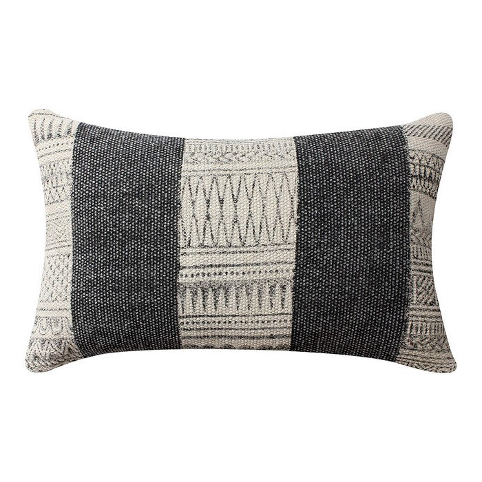 12 x 20 Hand woven Cotton Dhurri Pillow with Kilim Pattern, Gray and White