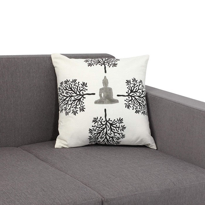 18 x 18 Hand Block Printed Buddha and Trees Cotton Pillow, White and Black