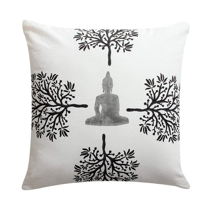 18 x 18 Hand Block Printed Buddha and Trees Cotton Pillow, White and Black