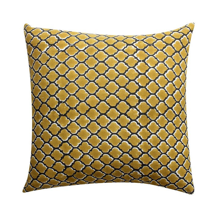 18 x 18 Hand Block Cotton Pillow with Quatrefoil Details, Set of 2, Yellow and Black