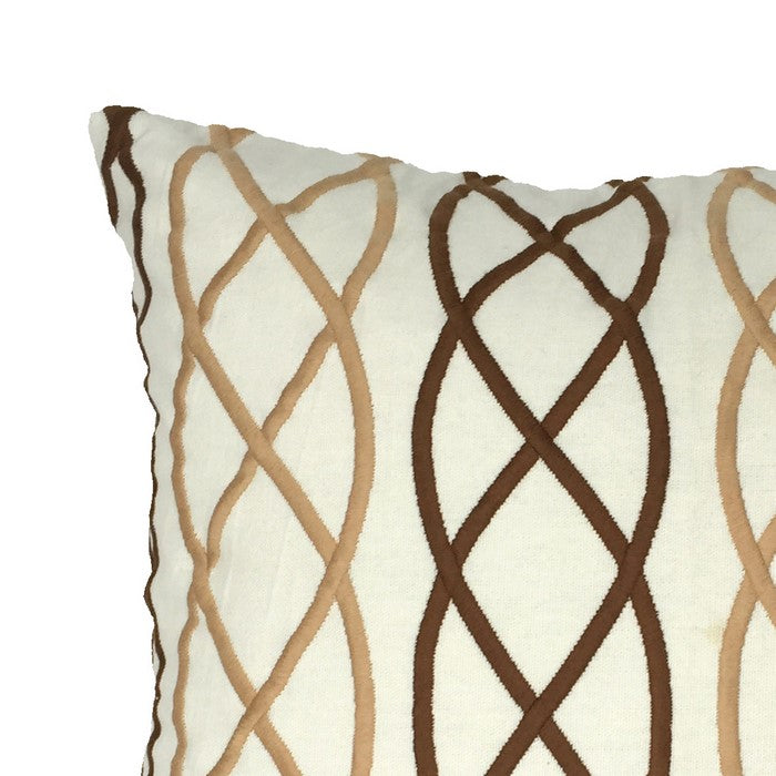 Contemporary Cotton Pillow with Lattice Details, White and Brown