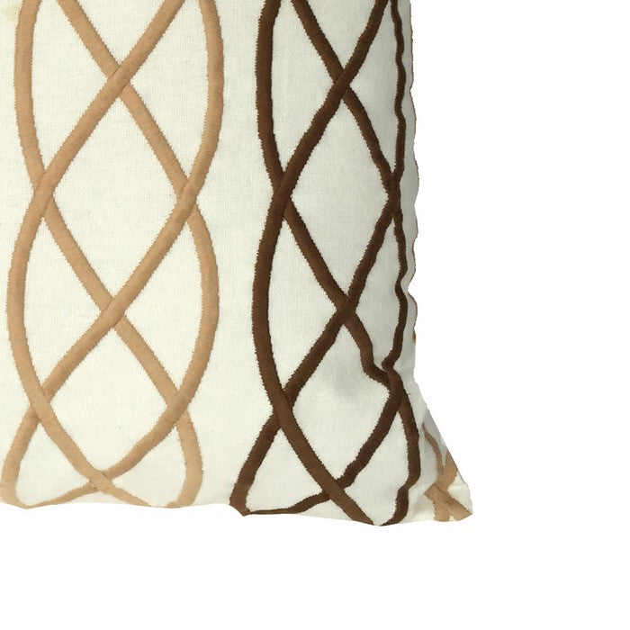 Contemporary Cotton Pillow with Lattice Details, White and Brown