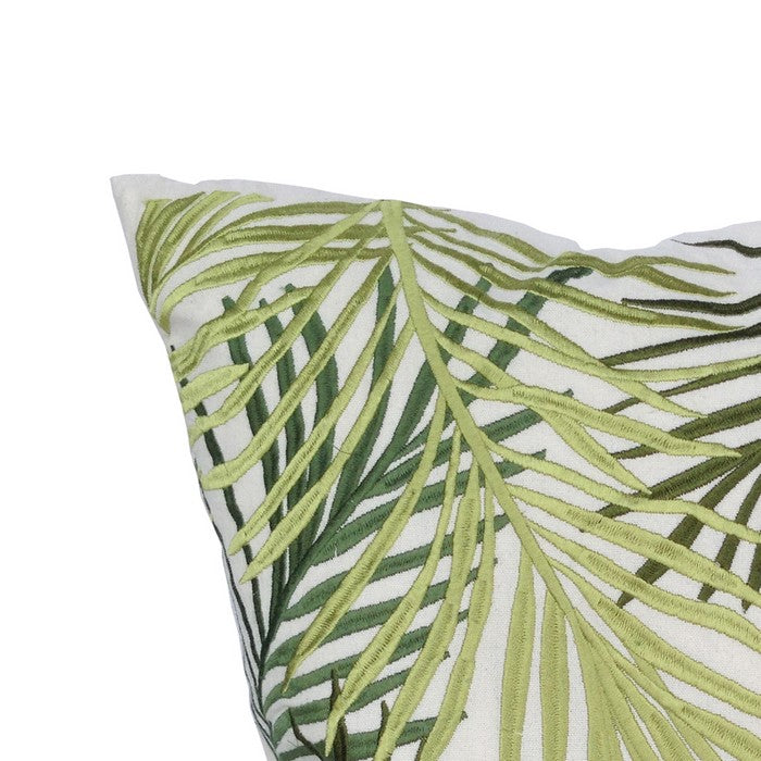 Nature Inspired Pillow with Leaf Embroidery, Green and White.