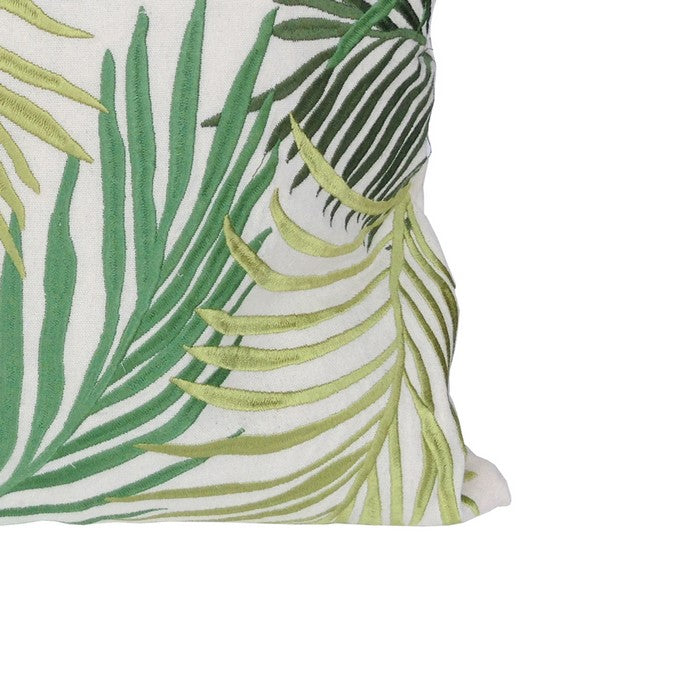 Nature Inspired Pillow with Leaf Embroidery, Green and White.