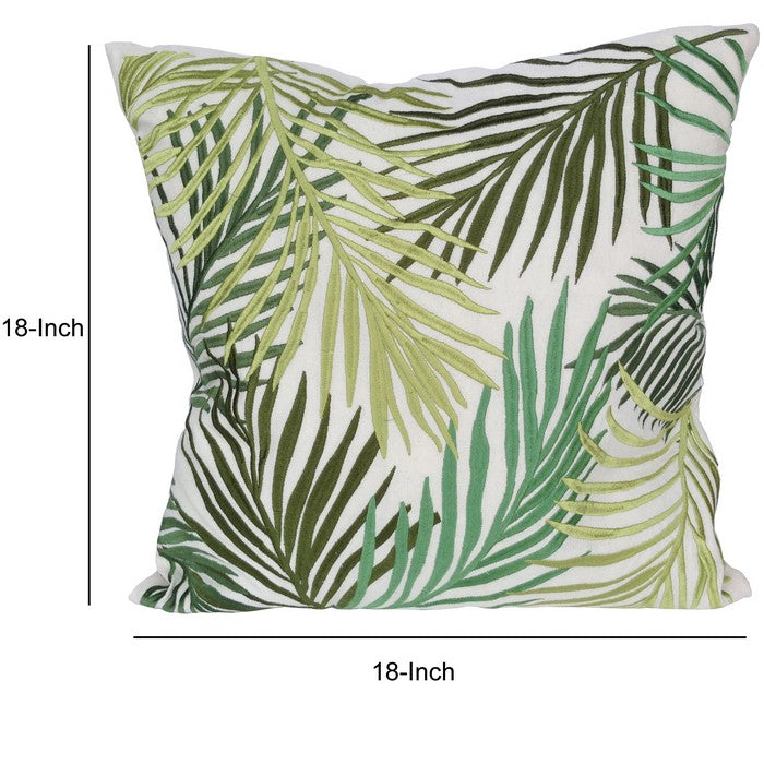 Nature Inspired Pillow with Leaf Embroidery, Green and White.