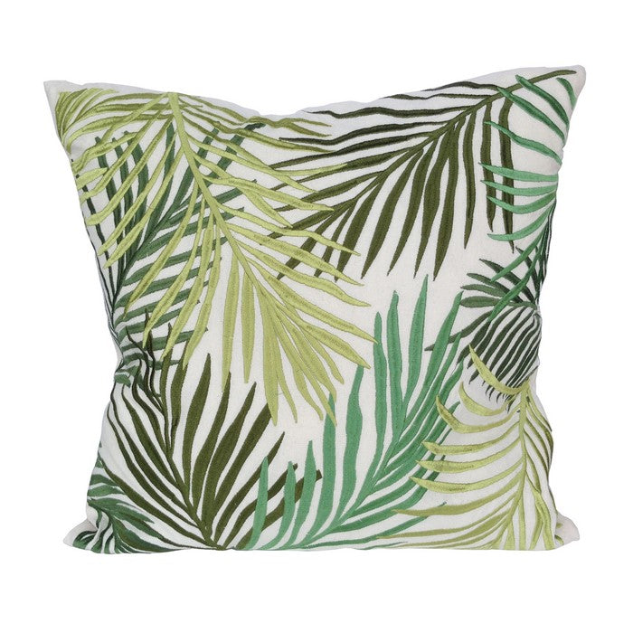 Nature Inspired Pillow with Leaf Embroidery, Green and White.