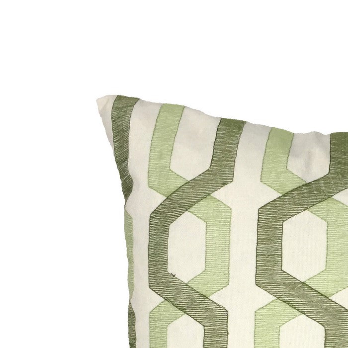 Contemporary Cotton Pillow with Geometric Embroidery, White and Green