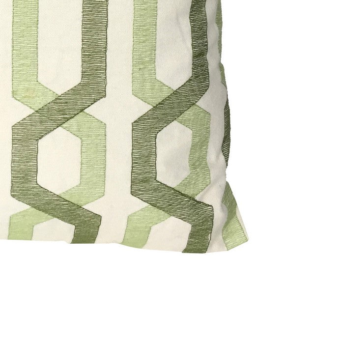 Contemporary Cotton Pillow with Geometric Embroidery, White and Green