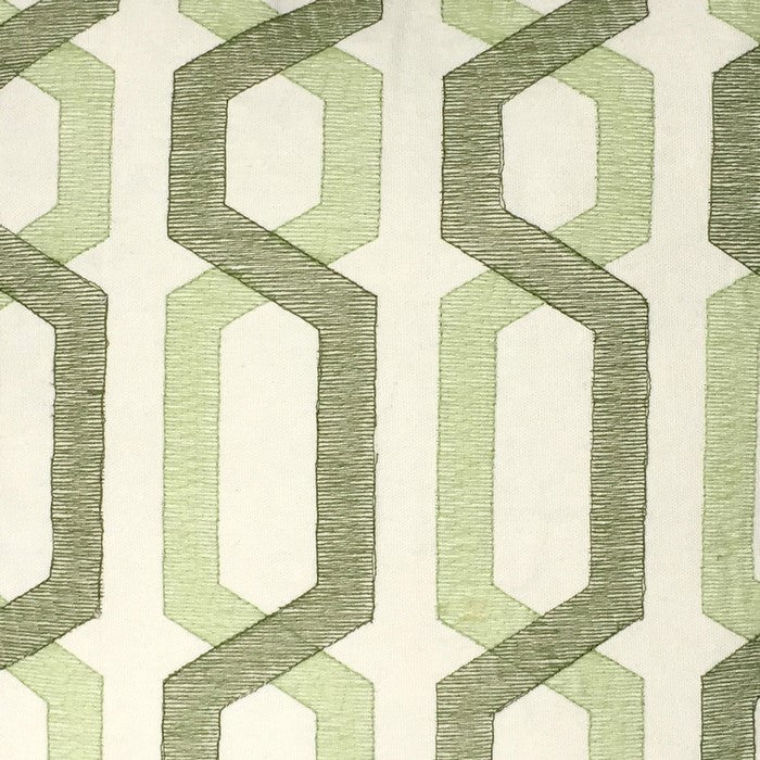 Contemporary Cotton Pillow with Geometric Embroidery, White and Green