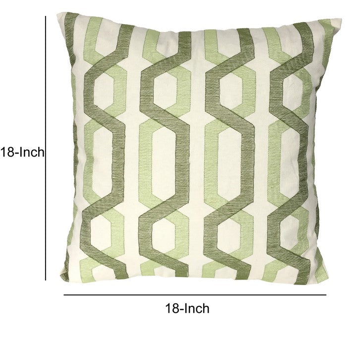 Contemporary Cotton Pillow with Geometric Embroidery, White and Green
