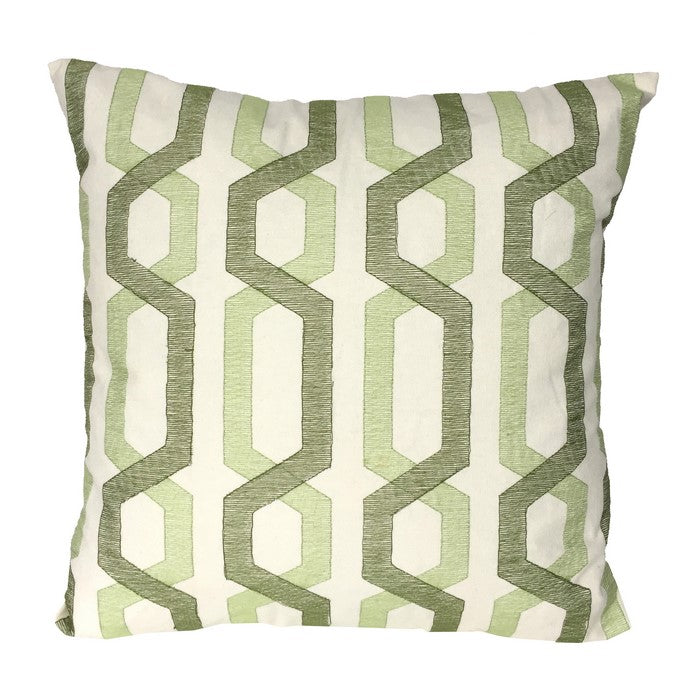 Contemporary Cotton Pillow with Geometric Embroidery, White and Green