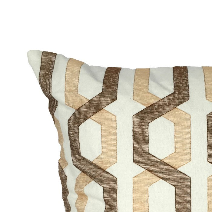 Contemporary Cotton Pillow with Geometric Embroidery, White and Brown