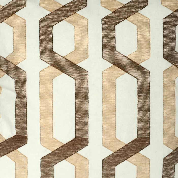 Contemporary Cotton Pillow with Geometric Embroidery, White and Brown