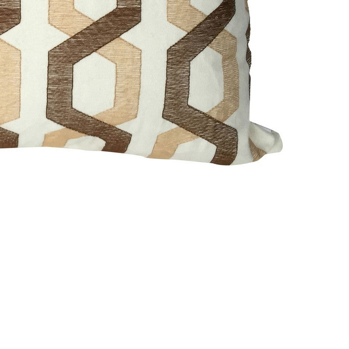 Contemporary Cotton Pillow with Geometric Embroidery, White and Brown