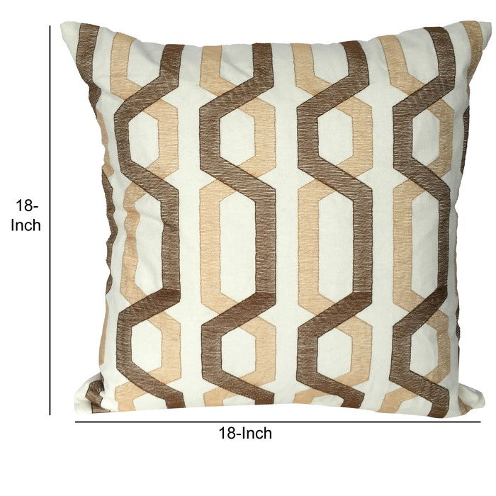 Contemporary Cotton Pillow with Geometric Embroidery, White and Brown