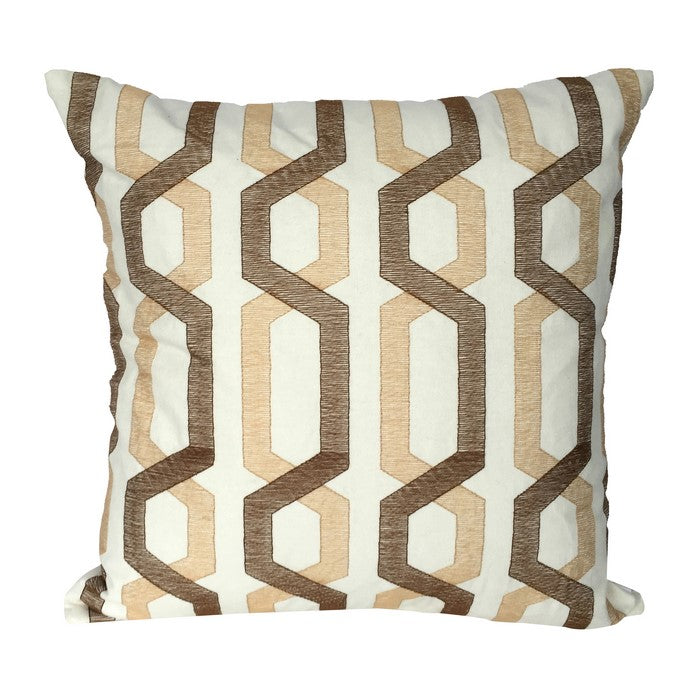 Contemporary Cotton Pillow with Geometric Embroidery, White and Brown
