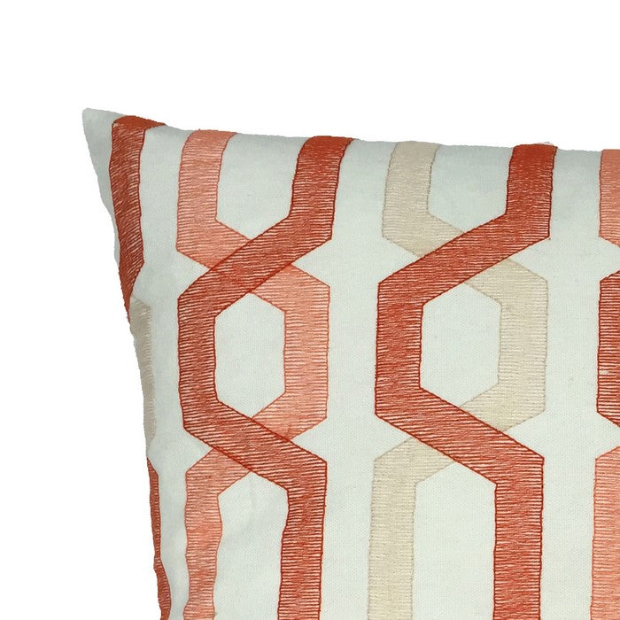 Contemporary Cotton Pillow with Geometric Embroidery, Red and Cream