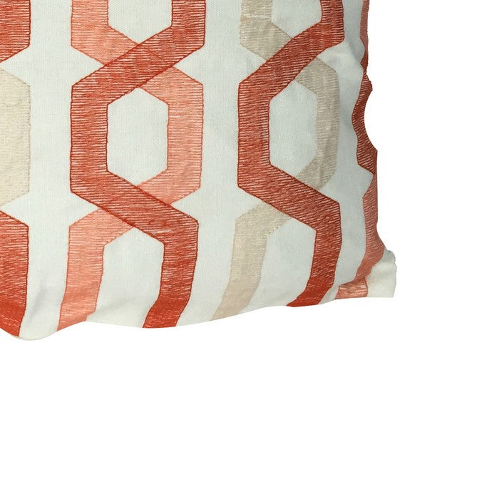 Contemporary Cotton Pillow with Geometric Embroidery, Red and Cream