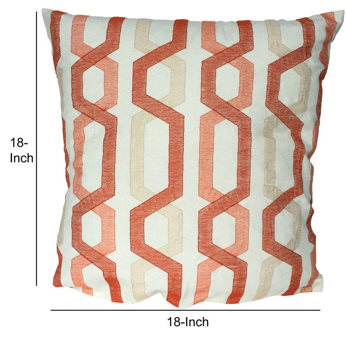 Contemporary Cotton Pillow with Geometric Embroidery, Red and Cream