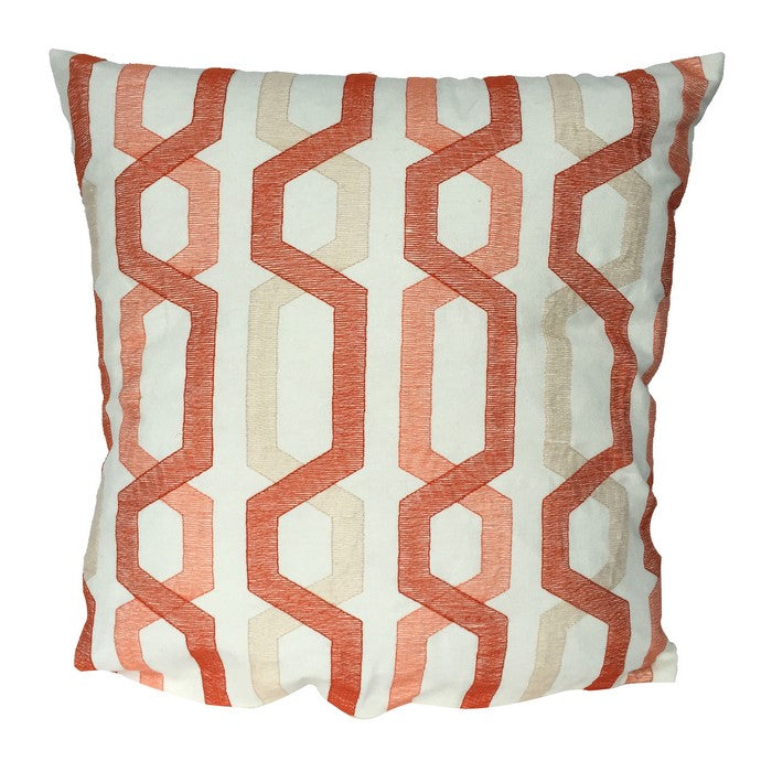 Contemporary Cotton Pillow with Geometric Embroidery, Red and Cream