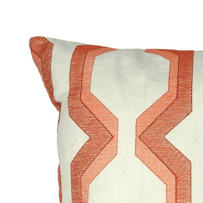 Contemporary Cotton Pillow with Geometric Embroidery, Red and White