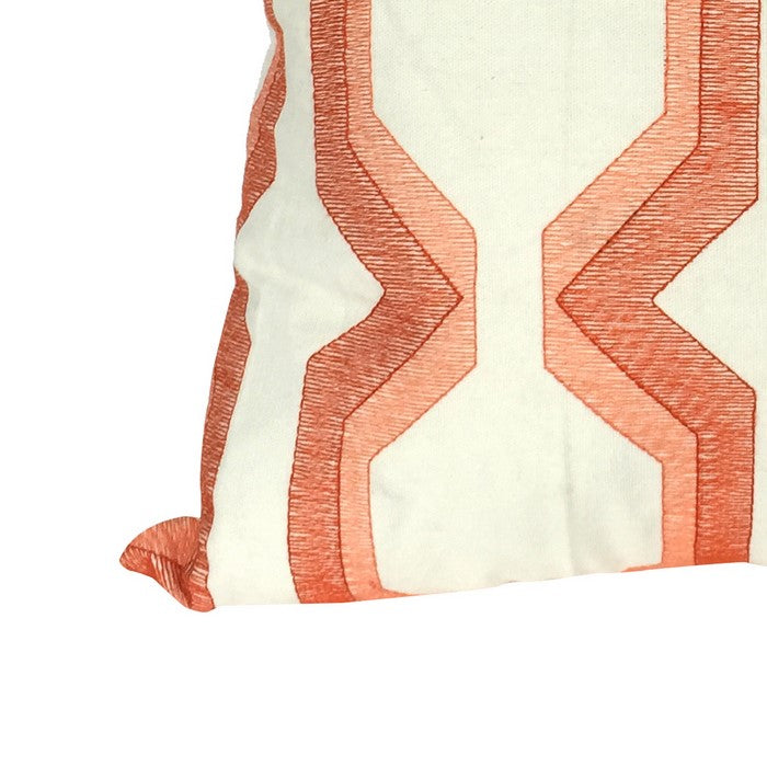 Contemporary Cotton Pillow with Geometric Embroidery, Red and White